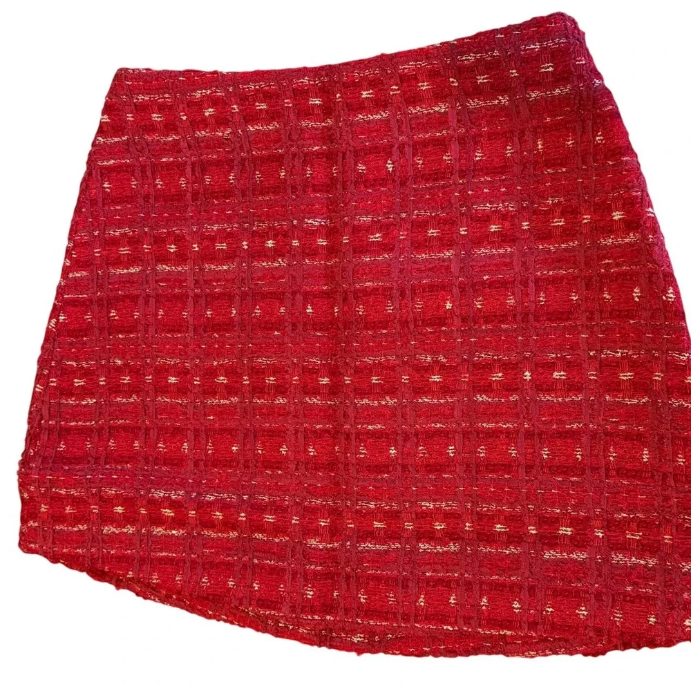 Avara Red Tweed Mini Skirt Womens Small Plaid Metallic Gold Textured A-Line Zip